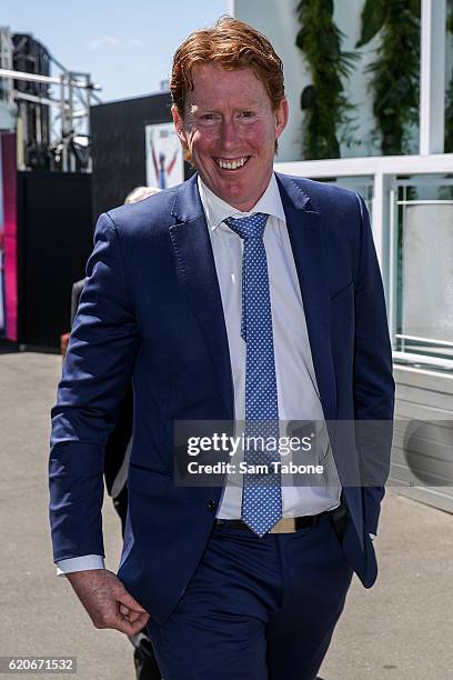 Cameron Ling arrives at Oaks Day at Flemington Racecourse on November 3, 2016 in Melbourne, Australia.