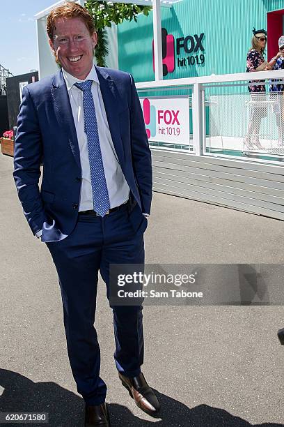 Cameron Ling arrives at Oaks Day at Flemington Racecourse on November 3, 2016 in Melbourne, Australia.