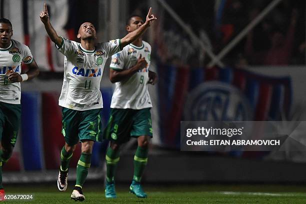 Brazil's Chapecoense forward Ananias celebrates after scoring a goal against Argentina's San Lorenzo during their Copa Sudamericana semifinal first...