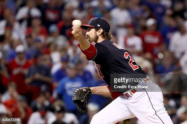 Andrew Miller of the Cleveland Indians throws a pitch during the fifth inning against the Chicago Cubs in Game Seven of the 2016 World Series at...