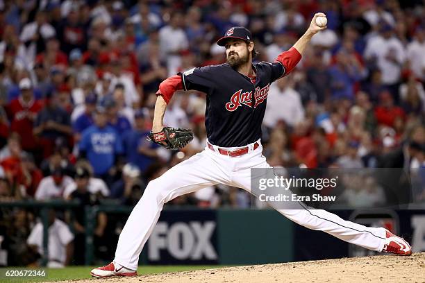 Andrew Miller of the Cleveland Indians throws a pitch during the fifth inning against the Chicago Cubs in Game Seven of the 2016 World Series at...