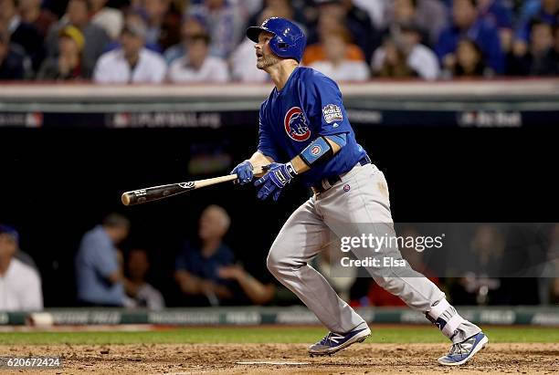 David Ross of the Chicago Cubs reacts after hitting a solo home run during the sixth inning against the Cleveland Indians in Game Seven of the 2016...