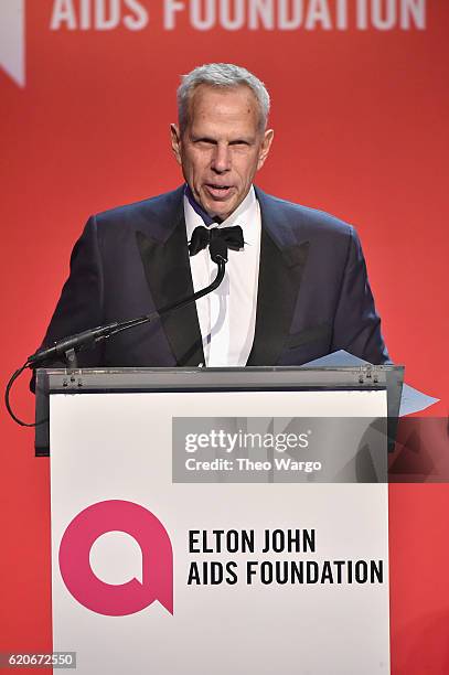 Steve Tisch speaks at the 15th Annual Elton John AIDS Foundation An Enduring Vision Benefit at Cipriani Wall Street on November 2, 2016 in New York...