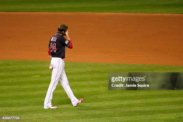 Andrew Miller of the Cleveland Indians reacts after David Ross of the Chicago Cubs , hit a solo home run during the sixth inning in Game Seven of the...