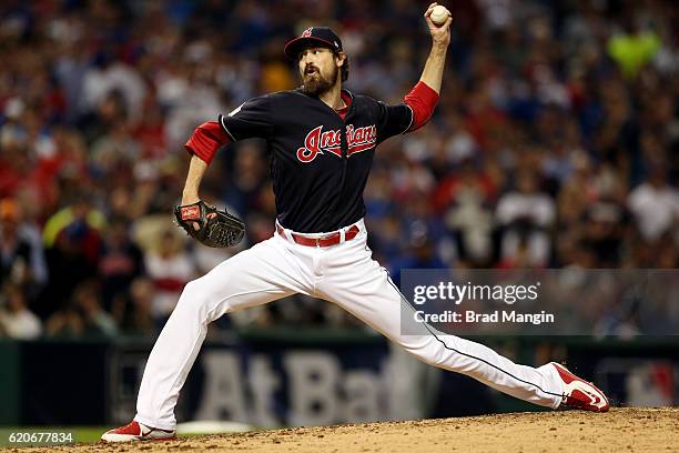 Andrew Miller of the Cleveland Indians pitches during Game 7 of the 2016 World Series against the Chicago Cubs at Progressive Field on Wednesday,...