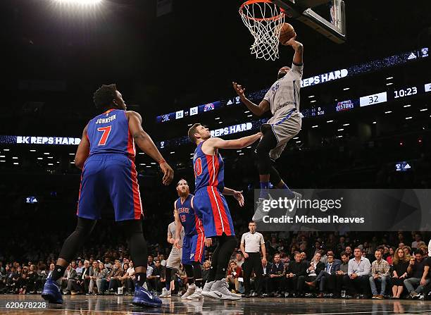 Trevor Booker of the Brooklyn Nets puts in a layup against the Detroit Pistons during the first half at Barclays Center on November 2, 2016 in New...