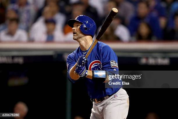 David Ross of the Chicago Cubs hits a solo home run during the sixth inning against the Cleveland Indians in Game Seven of the 2016 World Series at...