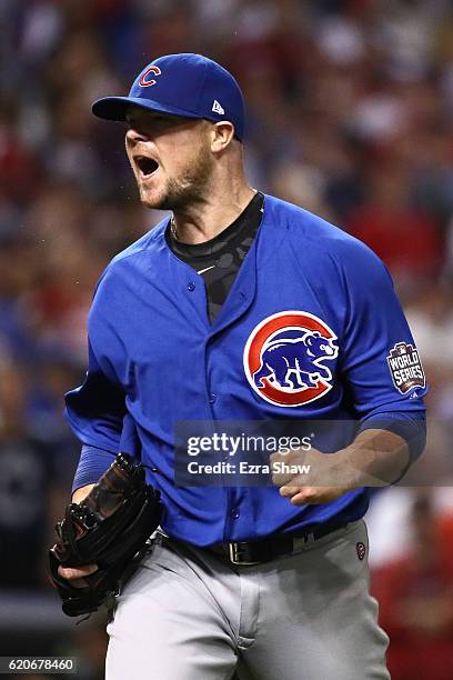 Jon Lester of the Chicago Cubs reacts after retiring the side during the seventh inning against the Cleveland Indians in Game Seven of the 2016 World...