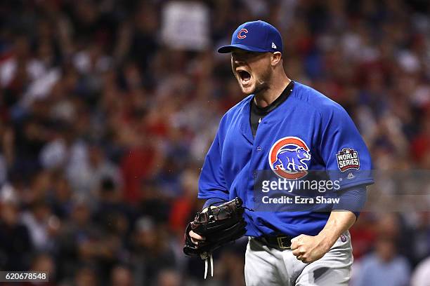 Jon Lester of the Chicago Cubs reacts after retiring the side during the seventh inning against the Cleveland Indians in Game Seven of the 2016 World...