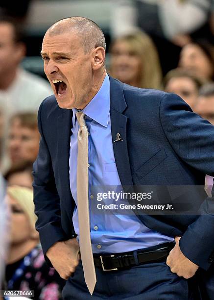 Head coach Rick Carlisle of the Dallas Mavericks yells at his team in the first half against the Utah Jazz at Vivint Smart Home Arena on November 2,...