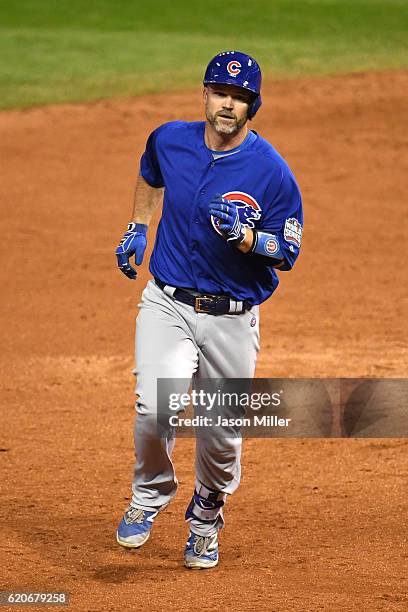 David Ross of the Chicago Cubs runs the bases after hitting a solo home run during the sixth inning against the Cleveland Indians in Game Seven of...