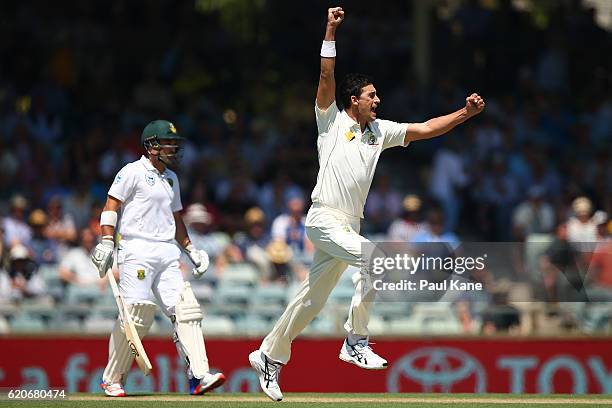 Mitchell Starc of Australia celebrates the wicket of Stephen Cook of South Africa during day one of the First Test match between Australia and South...