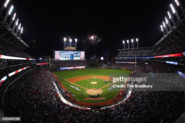 General view as the Cleveland Indians and Chicago Cubs stand for the national anthem prior to Game Seven of the 2016 World Series at Progressive...