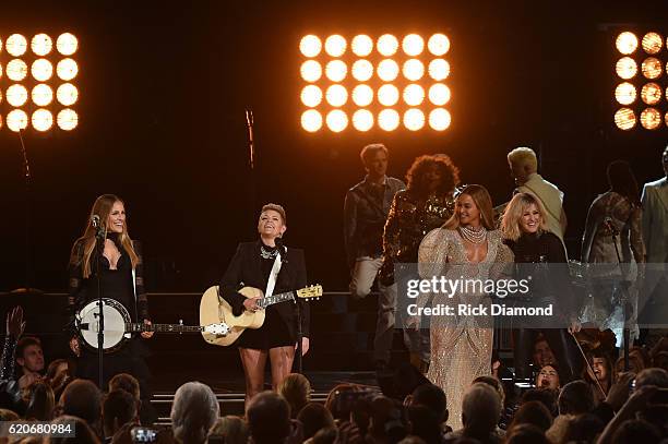 Beyonce performs onstage with Emily Robison, Natalie Maines, and Martie Maguire of Dixie Chicks at the 50th annual CMA Awards at the Bridgestone...