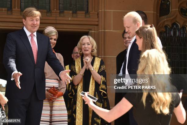 King Willem-Alexander of the Netherlands and Queen Maxima greet students on a visit to the University of Sydney in Sydney on November 3, 2016.