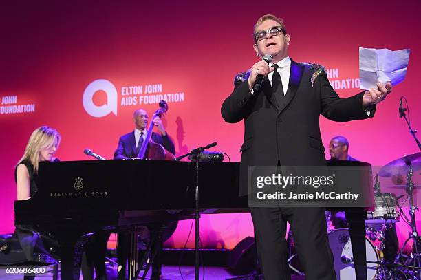 Diana Krall and Elton John perform at the 15th Annual Elton John AIDS Foundation An Enduring Vision Benefit at Cipriani Wall Street on November 2,...