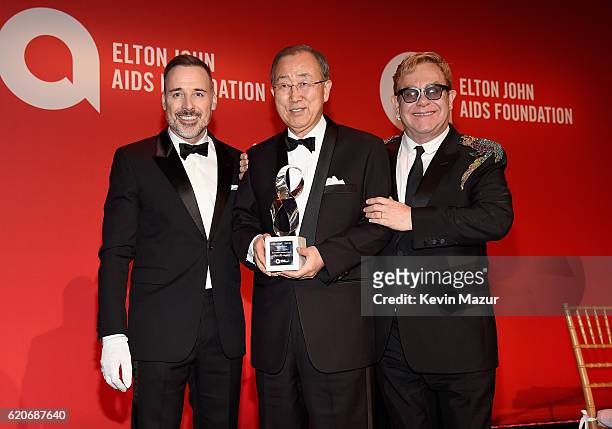 David Furnish, Ban Ki-Moon, and Sir Elton John on stage at the 15th Annual Elton John AIDS Foundation An Enduring Vision Benefit at Cipriani Wall...