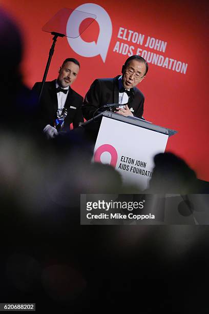 Ban Ki-Moon on stage at the 15th Annual Elton John AIDS Foundation An Enduring Vision Benefit at Cipriani Wall Street on November 2, 2016 in New York...