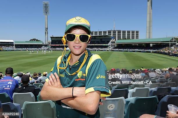 Australia fans show their support during day one of the First Test match between Australia and South Africa at WACA on November 3, 2016 in Perth,...