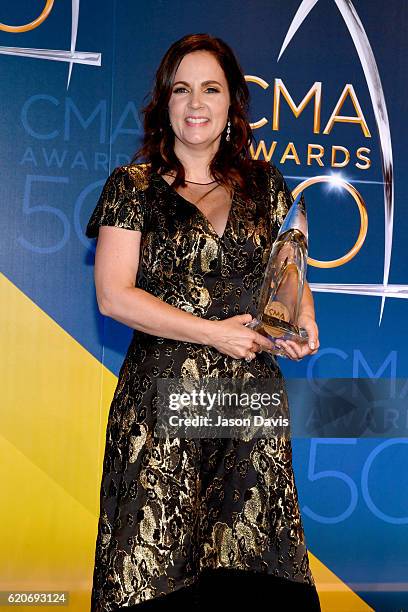 Songwriter Lori McKenna poses with the award for Song of the Year at the 50th annual CMA Awards at the Bridgestone Arena on November 2, 2016 in...