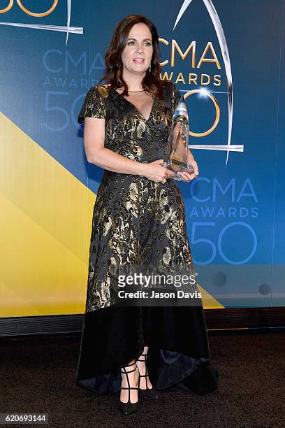 Songwriter Lori McKenna poses with the award for Song of the Year at the 50th annual CMA Awards at the Bridgestone Arena on November 2, 2016 in...