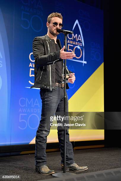 Eric Church speaks to the press with his Album of the Year award backstage at the 50th annual CMA Awards at the Bridgestone Arena on November 2, 2016...