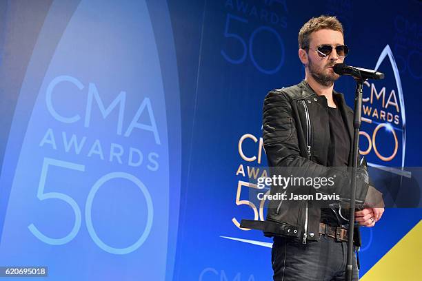 Eric Church speaks to the press with his Album of the Year award backstage at the 50th annual CMA Awards at the Bridgestone Arena on November 2, 2016...