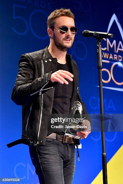 Eric Church speaks to the press with his Album of the Year award backstage at the 50th annual CMA Awards at the Bridgestone Arena on November 2, 2016...