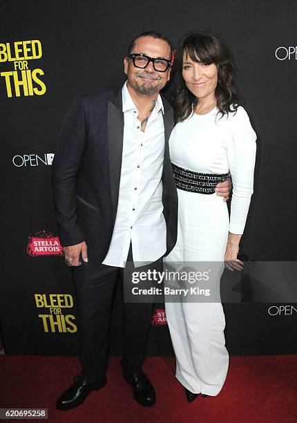 Screenwriter Kurt Sutter and actress Katey Sagal arrive at the premiere of Open Road Films' 'Bleed For This' at Samuel Goldwyn Theater on November 2,...