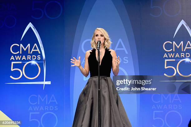 Singer Carrie Underwood attends the 50th annual CMA Awards at the Bridgestone Arena on November 2, 2016 in Nashville, Tennessee.