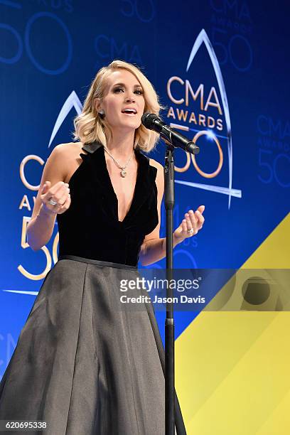 Singer Carrie Underwood attends the 50th annual CMA Awards at the Bridgestone Arena on November 2, 2016 in Nashville, Tennessee.