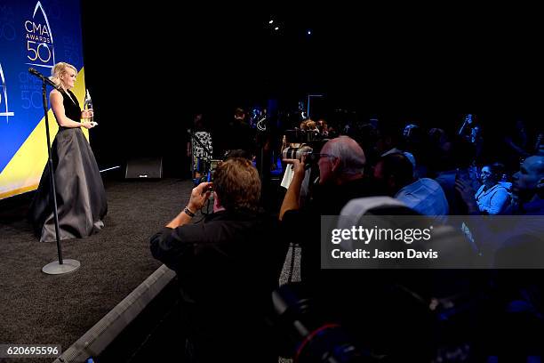 Singer Carrie Underwood attends the 50th annual CMA Awards at the Bridgestone Arena on November 2, 2016 in Nashville, Tennessee.