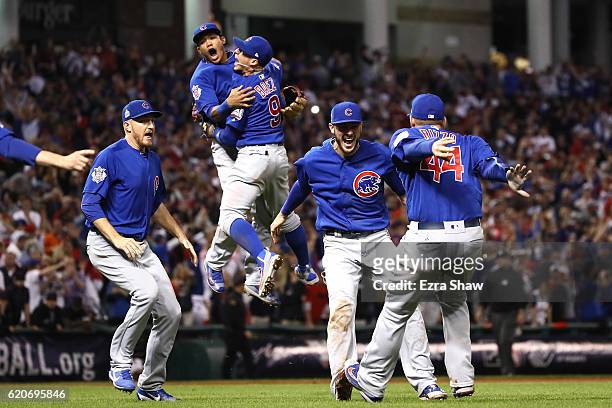 The Chicago Cubs celebrate after winning 8-7 in Game Seven of the 2016 World Series at Progressive Field on November 2, 2016 in Cleveland, Ohio.