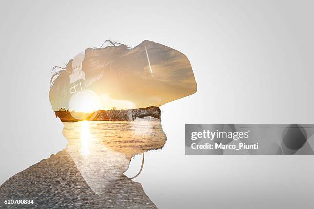 double exposure virtual reality - vr glasses bildbanksfoton och bilder