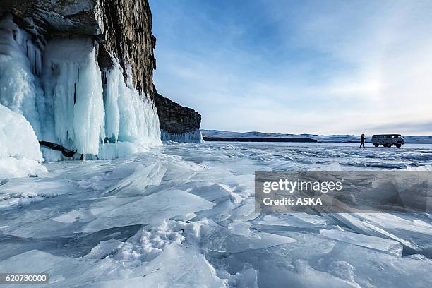 the ice of lake baikal - frozen lake stock pictures, royalty-free photos & images