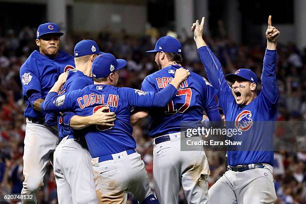 The Chicago Cubs celebrate after winning 8-7 against the Cleveland Indians in Game Seven of the 2016 World Series at Progressive Field on November 2,...