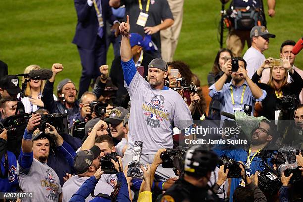 David Ross of the Chicago Cubs celebrates after defeating the Cleveland Indians 8-7 in Game Seven of the 2016 World Series at Progressive Field on...