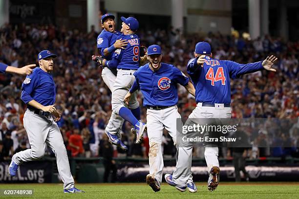 The Chicago Cubs celebrate after defeating the Cleveland Indians 8-7 in Game Seven of the 2016 World Series at Progressive Field on November 2, 2016...