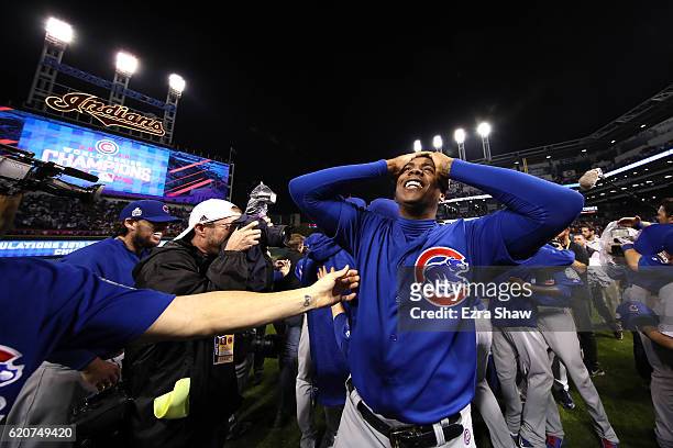 Aroldis Chapman of the Chicago Cubs celebrates after defeating the Cleveland Indians 8-7 in Game Seven of the 2016 World Series at Progressive Field...