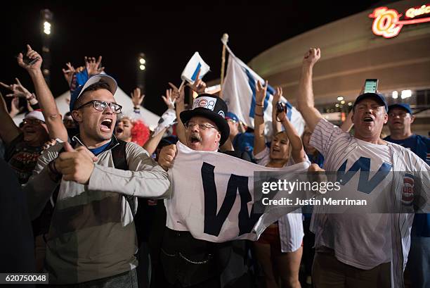 Cubs fans celebrate after the Chicago Cubs defeat the Cleveland Indians in game 7 of the World Series in the early morning hours on November 3, 2016...