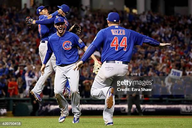 Kris Bryant and Anthony Rizzo of the Chicago Cubs celebrate after defeating the Cleveland Indians 8-7 in Game Seven of the 2016 World Series at...