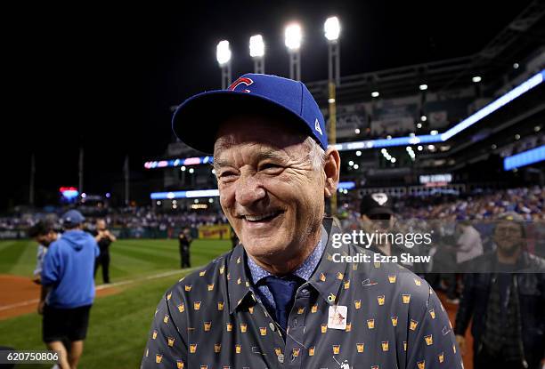 Actor Bill Murray reacts on the field after the Chicago Cubs defeated the Cleveland Indians 8-7 in Game Seven of the 2016 World Series at Progressive...
