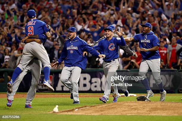 The Chicago Cubs celebrate after defeating the Cleveland Indians 8-7 in Game Seven of the 2016 World Series at Progressive Field on November 2, 2016...