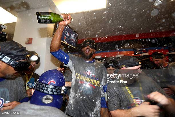 Dexter Fowler of the Chicago Cubs celebrates in the clubhouse after the Cubs defeated the Cleveland Indians 8-7 in Game Seven of the 2016 World...