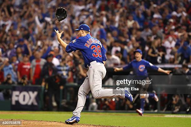 Mike Montgomery of the Chicago Cubs celebrates after defeating the Cleveland Indians 8-7 in Game Seven of the 2016 World Series at Progressive Field...