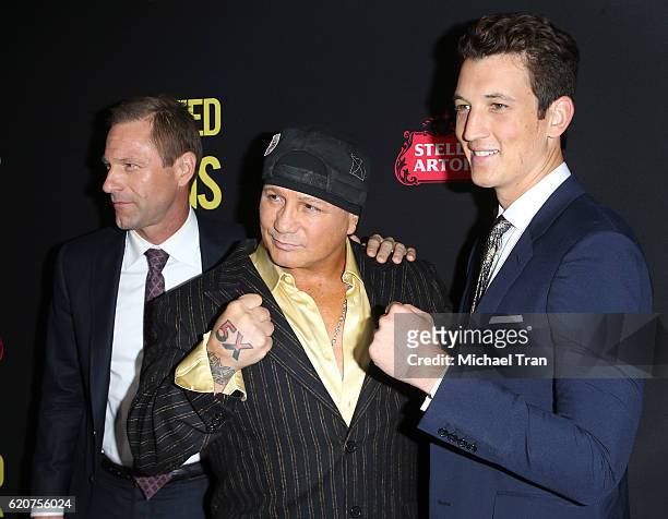 Aaron Eckhart, Vinny Pazienza and Miles Teller arrive at the Los Angeles premiere of Open Road Films' "Bleed For This" held at Samuel Goldwyn Theater...