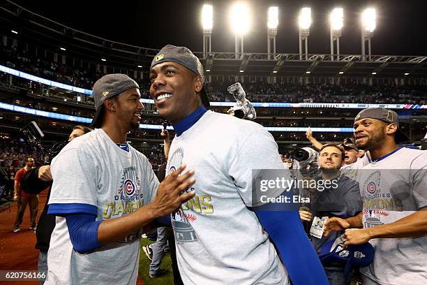 Aroldis Chapman of the Chicago Cubs celebrates after defeating the Cleveland Indians 8-7 in Game Seven of the 2016 World Series at Progressive Field...