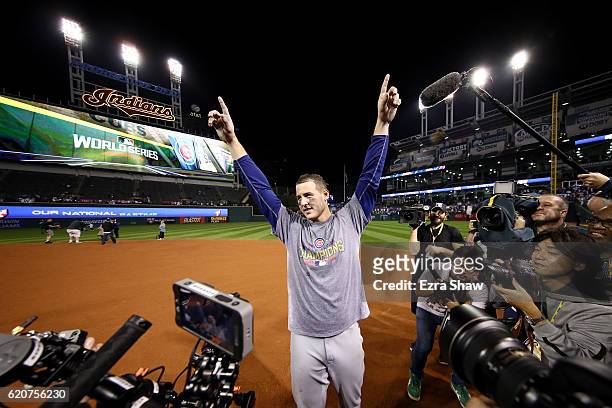 Anthony Rizzo of the Chicago Cubs celebrates after defeating the Cleveland Indians 8-7 in Game Seven of the 2016 World Series at Progressive Field on...