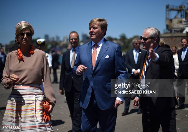 Dutch King Willem-Alexander and Queen Maxima visit Cockatoo Island in Sydney on November 3, 2016. The Dutch royals are in Australia to mark the 400th...