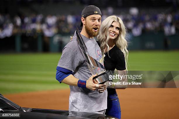 World Series MVP Ben Zobrist of the Chicago Cubs celebrates with his wife Julianna Zobrist after defeating the Cleveland Indians 8-7 in Game Seven of...